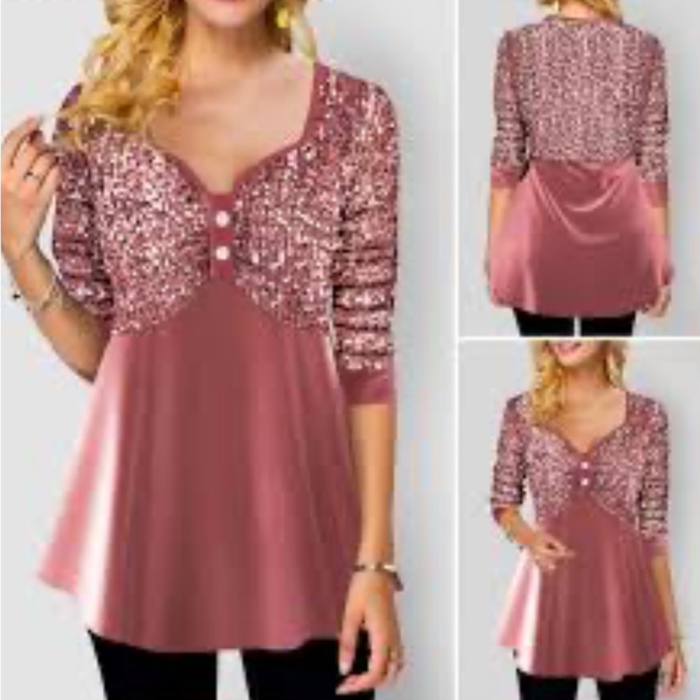 Rotita Blush Pink Sequin Velvet Pearl Tunic L NWOT